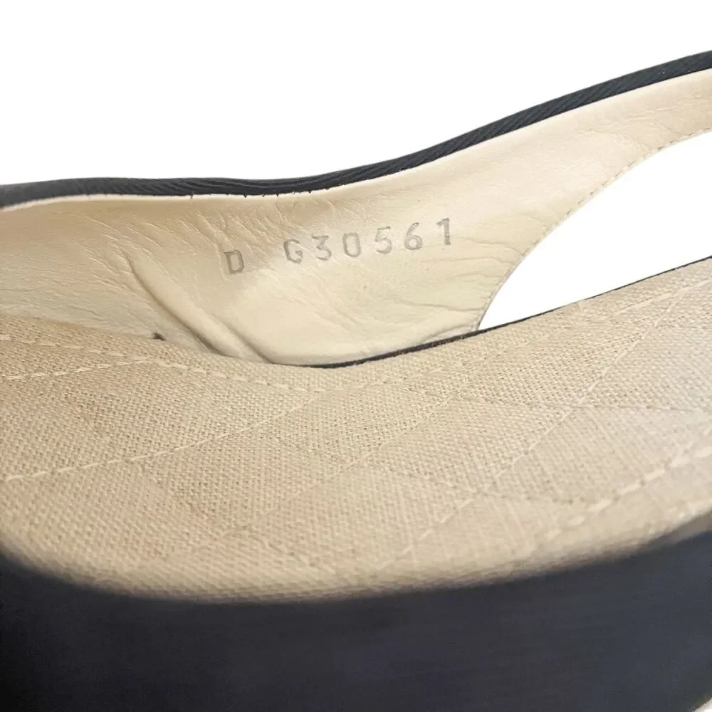 Chanel Slingback Sandal Grosgrain Crystal CC Logo Bow Heels EU 38 Black Peep Toe - Picture 9 of 12